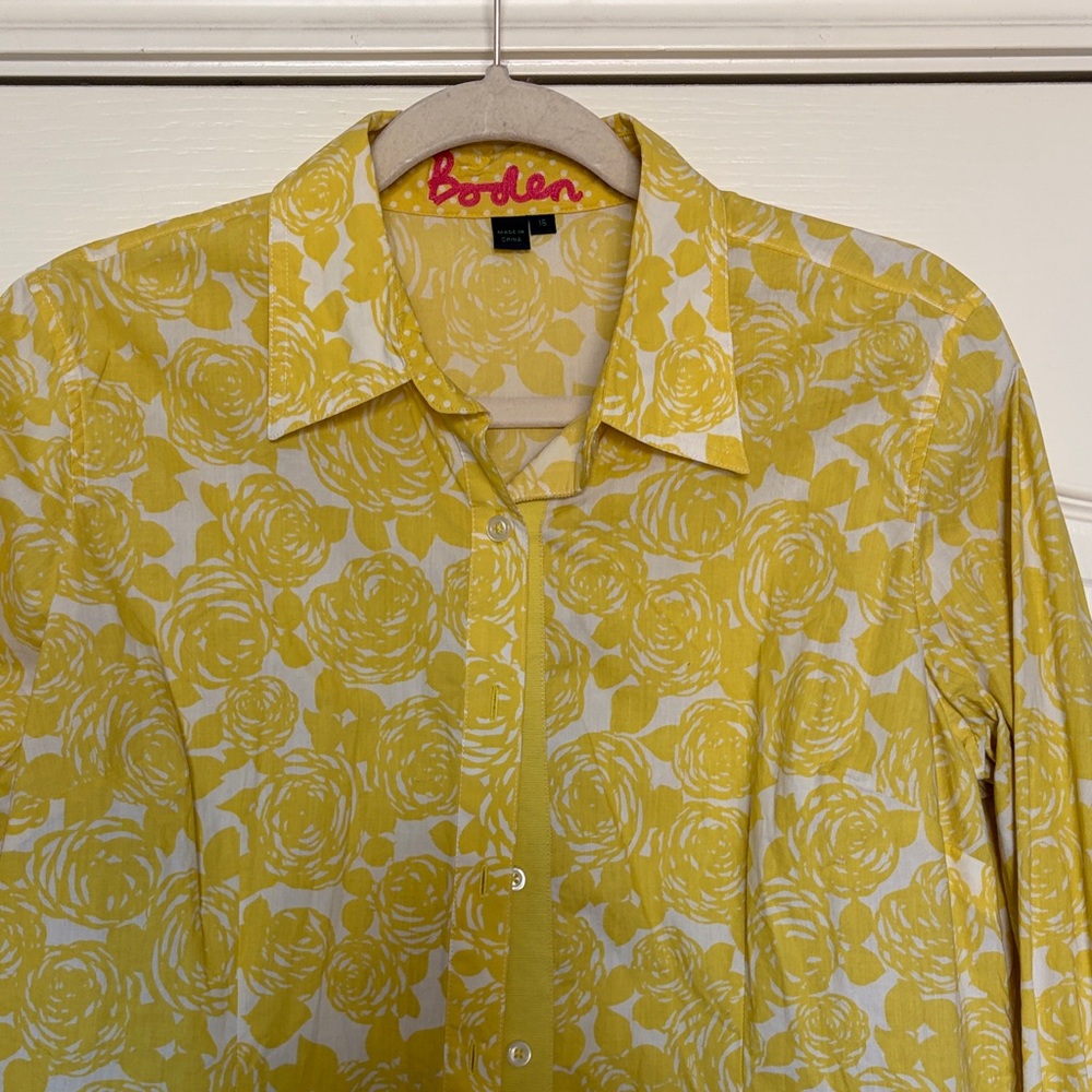 Boden Sunflower Yellow Floral Shirt cotton button down euro 16 US 12 14?